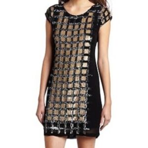 Yoana Baraschi Sequin Black Gold Mini Dress Cap Sleeve Size 6